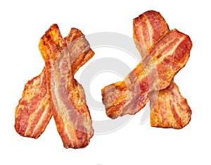 two fried bacon strips isolated on white background, top view. Crispy smokey fried bacon slice or strip