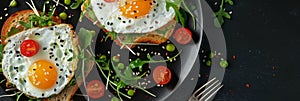 Two fried eggs, cheese toast and green salad mix on black plate top view. Healthy nutritious breakfast