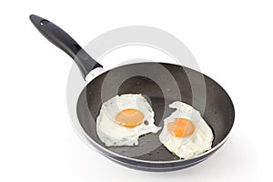 Two fried eggs on non-stick frying pan