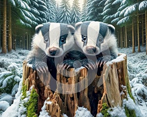 Two Friendly Badgers Small Animals Snowfall Forest Woodland Critters Winter Canada AI Generated