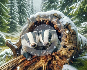 Two Friendly Badgers Small Animals Snowfall Forest Woodland Critters Winter Canada AI Generated