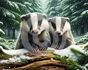 Two Friendly Badgers Small Animals Snowfall Forest Woodland Critters Winter Canada AI Generated