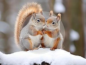 two friendly squirrels in the snow