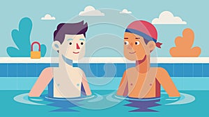 Two friends cool off in a pool after a swim discussing their recent accomplishments and milestones.. Vector illustration photo
