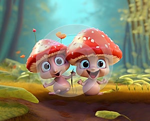 two friends cute and funny baby mushrooms. cartoon style photo