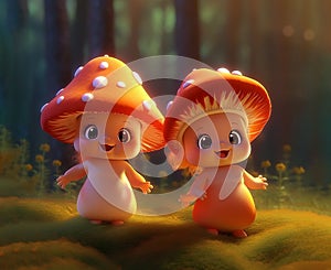 two friends cute and funny baby mushrooms. cartoon style photo