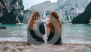 Two friends enjoying the view of majestic mountains while sitting by the tranquil alpine lake
