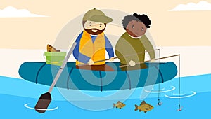 Two friends fishing on a boat. Vector illustration
