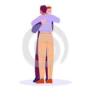 Two friends greet each other at hug. Vector illustration in flat cartoon style. Isolated on a white background.