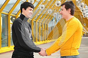 Two friends handshaking on footbridge
