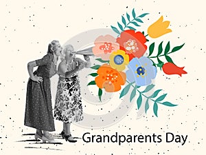 Two friends, happy old women, modern grandmothers and drawn flowers over light background. Creative art design for