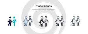 Two friends icon in different style vector illustration. two colored and black two friends vector icons designed in filled,