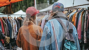 Two friends in matching baseball caps laugh and chat as they rummage through a pile of vintage clothing at one of the photo