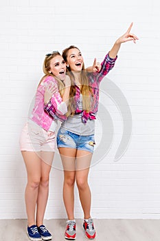 Two friends posing. modern lifestyle.two stylish hipster girls best friends ready for party. Young girl friends