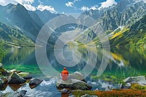 Two friends relaxing by alpine lake, admiring majestic mountains in scenic backdrop