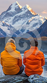 Two friends savoring the stunning view of majestic mountains at an alpine lake, seated on the edge