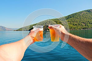 Two friends say a toast on the sea