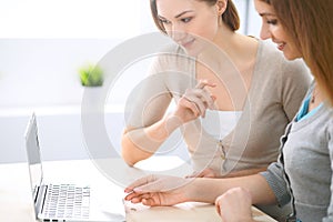 Two friends or sisters making online shopping by credit card. Friendship, family business or internet surfing concept