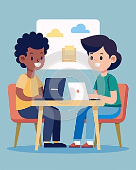 Two friends sit side by side at a table as they excitedly share their progress on their coding olympiad projects. They photo