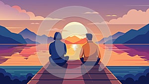 Two friends sit in silence on a dock gazing at the sunset and lost in thought.. Vector illustration.
