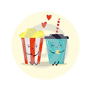 Two friends soda and pop corn. Comic vector illustration