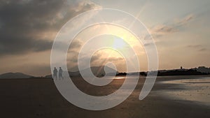 Two friends strolling in the beach at sunset