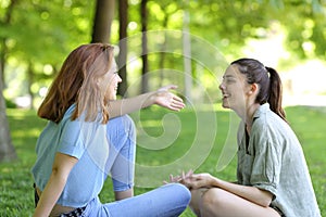 Two friends talking sitting in a park