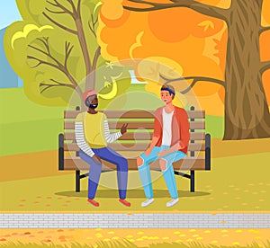 Two friends are talking on street. Vector people walking in in autumn park sitting on bench