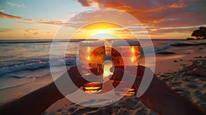 Two friends toast with beer glasses on a beautiful beach at sunset, enjoying the seascape