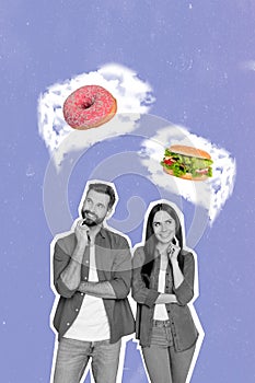 Two friends together collage picture artwork thinking minded dream order donut dessert and burger mcdonalds isolated on