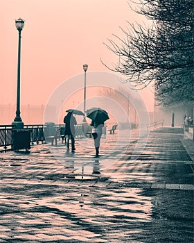 Two friends walking in the rain with pink sky