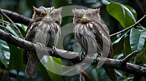 Two Frogmouths Nesting Together on a Branch, Hidden Among the Forest Foliage with Camouflage photo