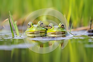 two frogs croaking in unison near a pond