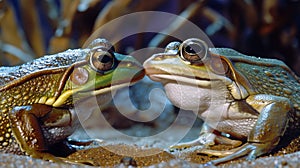 Two frogs are kissing each other in the sand, AI