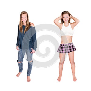 Two full length portraits of a happy young woman wearing jeans and mini skirt