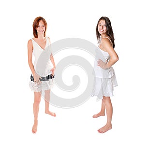 Two full length portraits of happy young women wearing white tops and short summer skirts