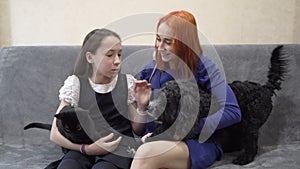 Two fun young teen girls, sisters, have fun and play with pets at home on the couch. They hold a white rat, a black cat