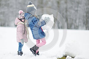 Two funny adorable little sisters in winter park