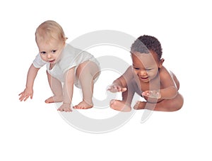 Two funny babies learning to walk