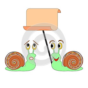 Two funny cartoon snails with a big blank paper