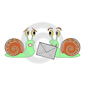 Two funny cartoon snails with a letter