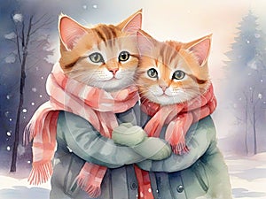 Two funny cats watercolor illustration. Cute animal art