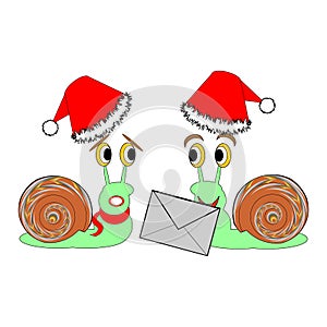 Two funny Christmas cartoon snails with a letter