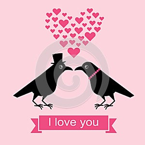 Two funny crows, a gentleman seduces a lady, cartoon Valentine. Cute raven illustration