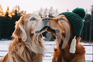 Two funny dogs sitting together in snow next to each other and one wearing in warm knitted hat