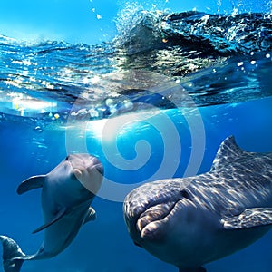 Due delfini subacquea e la rottura di spruzzi d'onda al di sopra di essi.