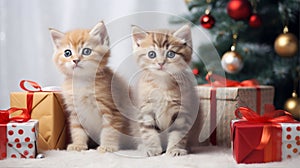 Two funny fluffy kittens with gifts