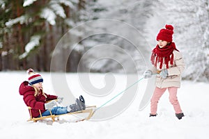 Two funny little girls having fun with a sleight in beautiful winter park. Cute children playing in a snow.