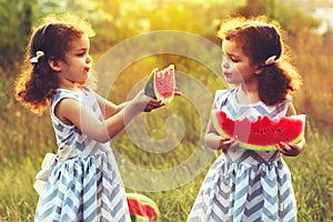 Two funny little sisters eating watermelon outdoors on warm and sunny summer day. Healthy organic food for little kids. Twins girl