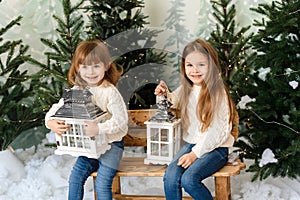 Two funny little sisters are holding lanterns, sitting on a bench among the Christmas trees.